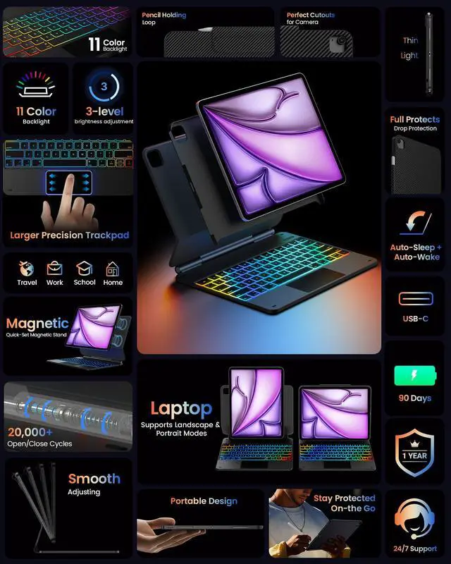 Alt view image 5 of 5 - typecase Edge+ Keyboard Case for iPad Air 13-inch(M3 2025 / M2 2024),Ultra-Slim Detachable Case,Portrait & Typing Modes,Built-in Trackpad,11-Color Backlight,Magnetic Stand,Pencil Holder,Carbon Fiber