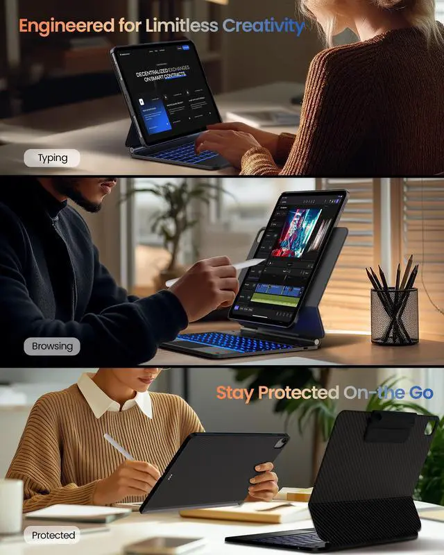 Alt view image 4 of 5 - typecase Edge+ Keyboard Case for iPad Air 13-inch(M3 2025 / M2 2024),Ultra-Slim Detachable Case,Portrait & Typing Modes,Built-in Trackpad,11-Color Backlight,Magnetic Stand,Pencil Holder,Carbon Fiber