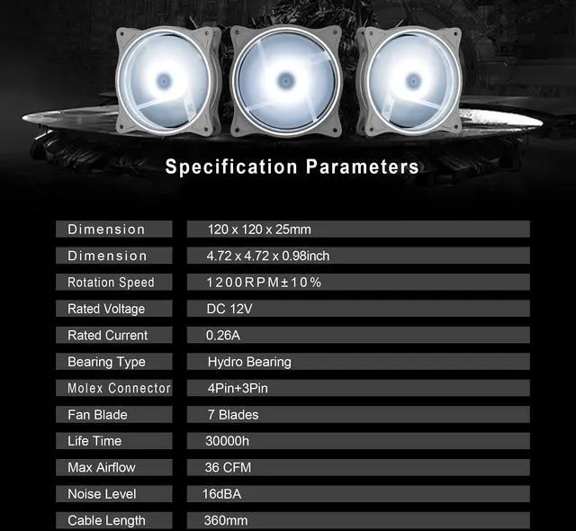 Alt view image 4 of 5 - 120mm White RGB PC Cooling Fans 3-Pack - Ultra Quiet High Airflow LED 12V Computer Case Fans with Triple Light Loops