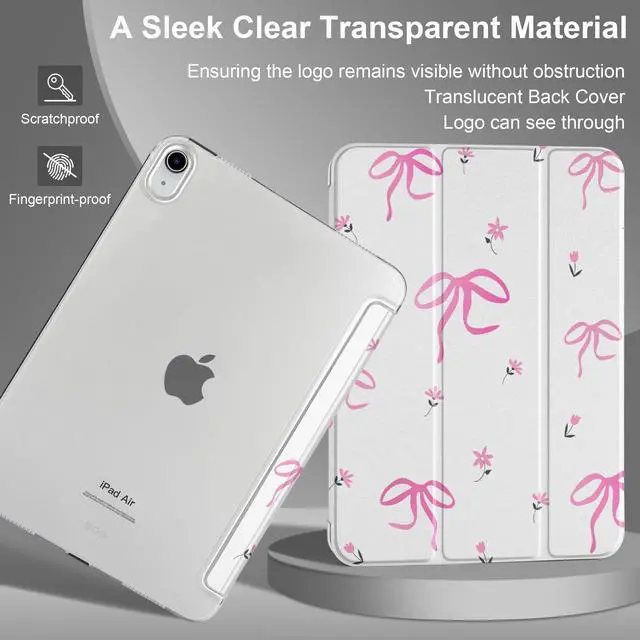 Alt view image 3 of 5 - DONGKE for iPad Air 11-inch M3 2025 M2 2024, iPad Air 5th 2022 / 4th Generation 2020 10.9-inch, Slim Foldable Stand Hard PC Translucent Back Shell Smart Cover - [Auto Wake/Sleep] - Pink Bows