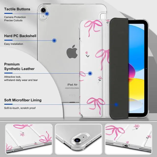 Alt view image 5 of 5 - DONGKE for iPad Air 11-inch M3 2025 M2 2024, iPad Air 5th 2022 / 4th Generation 2020 10.9-inch, Slim Foldable Stand Hard PC Translucent Back Shell Smart Cover - [Auto Wake/Sleep] - Pink Bows