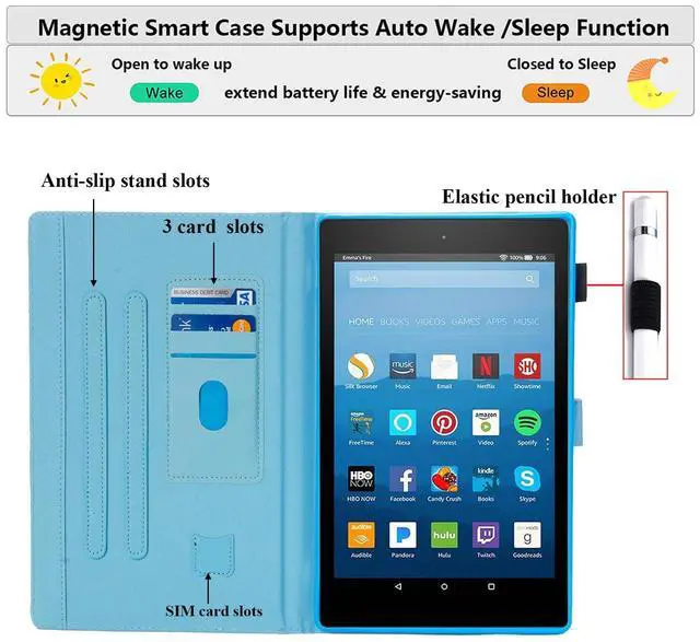 Alt view image 4 of 5 - UUcovers for Amazon 8 inch Kindle Fire HD 8 (2018/2017/2016) Case 8th/7th/6th Generation with Pencil Holder Card Slots Stand PU Leather Magnetic Smart Folio Cover [Auto Wake/Sleep],Blue Unicorn Horse