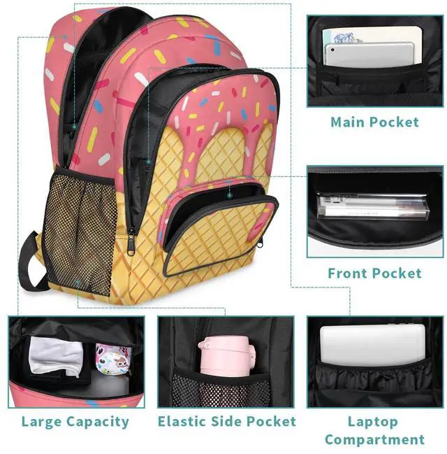 Alt view image 3 of 5 - GzLeyigou School Backpack Casual Bookbag with Multiple Pockets 18 inch Laptop Backpacks for Travel Hiking, Schoolbag for Students Girls Boys Women Men, Pink Ice Cream