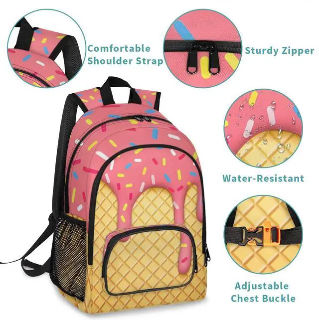 Alt view image 4 of 5 - GzLeyigou School Backpack Casual Bookbag with Multiple Pockets 18 inch Laptop Backpacks for Travel Hiking, Schoolbag for Students Girls Boys Women Men, Pink Ice Cream