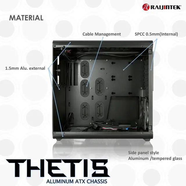 Alt view image 5 of 5 - raijintek Thetis Window Black Desktop Computer Case  Box of Computer (Desktop, PC, Aluminium, SPCC, ATX, Micro-ATX, Mini-ITX, Black, 1.5 mm)