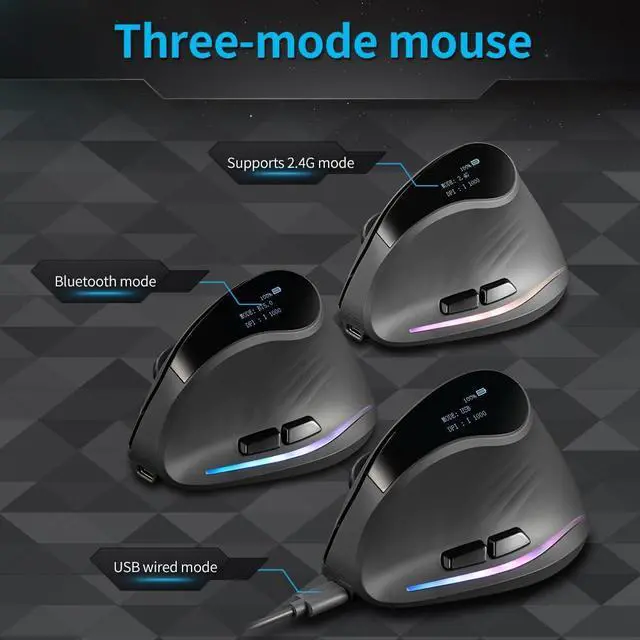 Alt view image 3 of 5 - zelotes Bluetooth Wireless Vertical Mouse with Display,Rechargeable,Dual Mode (BT 5.0/3.0 + 2.4G USB Receiver),4000 DPI(5-Level Adjustable),Optical Portable Ergonomic Mouse for PC,Laptop,Tablets,Black