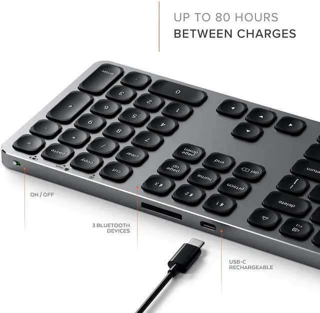 Alt view image 2 of 5 - Satechi Aluminum Wireless Keyboard with Numeric Keypad  for MacBook Pro, MacBook Air, iPad Pro, iMac and More