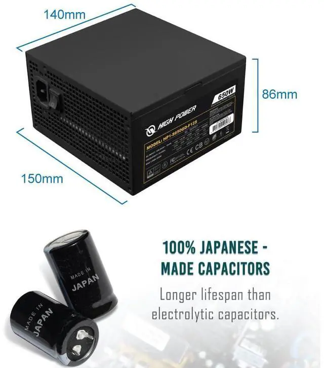 Alt view image 4 of 5 - HIGH POWER 80 Plus Gold Certified PC Computer Power Supply - 650 Watts PSU, Continuous Power ATX 12V V2.3/EPS Active PFC with Whisper Quiet 120mm Fan, Reliable Performance and High Efficiency