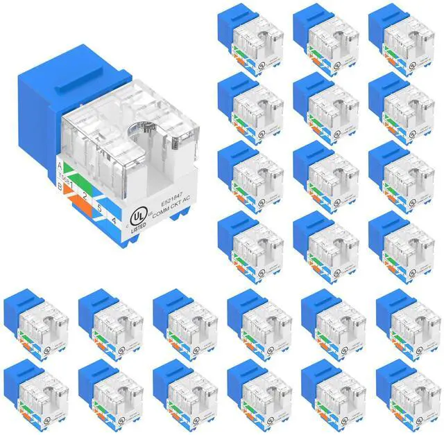 Main image of VCE UL Listed 10Gbps Cat6 Keystone Jack Insert 25-Pack, 90 Degree Punch Down RJ45 Keystone Jack Adapter Slim Profile Blue