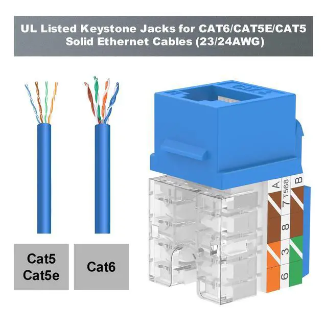 Alt view image 3 of 5 - VCE UL Listed 10Gbps Cat6 Keystone Jack Insert 25-Pack, 90 Degree Punch Down RJ45 Keystone Jack Adapter Slim Profile Blue