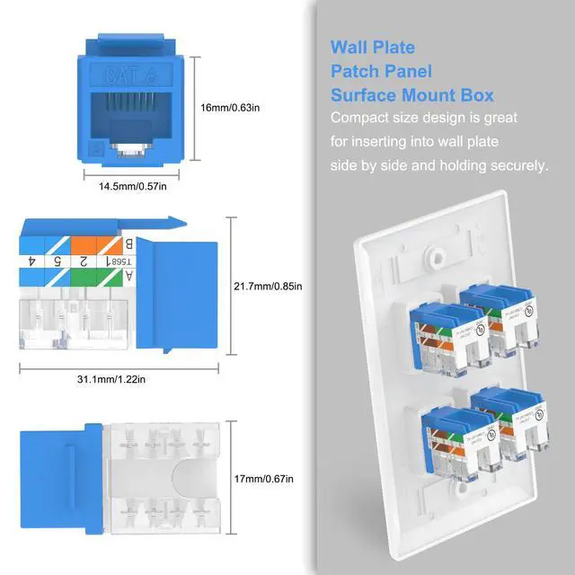 Alt view image 5 of 5 - VCE UL Listed 10Gbps Cat6 Keystone Jack Insert 25-Pack, 90 Degree Punch Down RJ45 Keystone Jack Adapter Slim Profile Blue