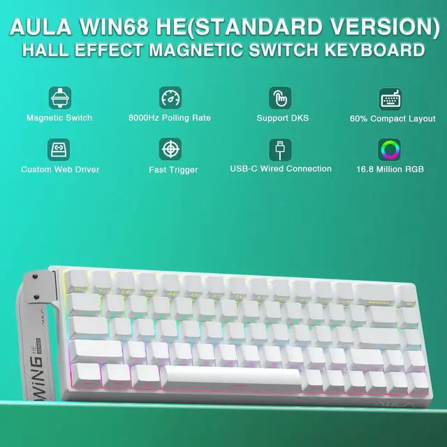 Alt view image 2 of 5 - AULA WIN68 HE Mechanical Gaming Keyboard 60%, Hall Effect Magnetic Switch, Fast Trigger Mode Adjustable Actuation, 8000Hz Polling Rate, RGB Backlit, Wired White Keyboard for Laptop/PC Gamer