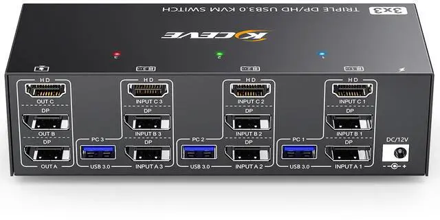 Main image of KVM Switch 3 Monitors 3 Computers 8K@60Hz, Camgeet HDMI+2 Displayport KVM Switch Triple Monitor for 3 Computer Share 3 Monitor and 4 USB3.0 Devices,Wired Remote and 12V Power Adapter Included