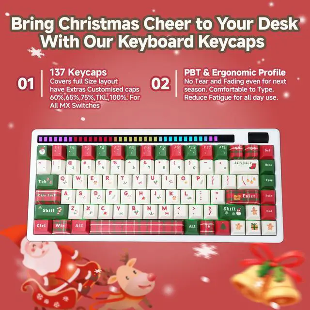 Alt view image 2 of 5 - 137 Christmas Theme Keycaps, Festive Keycaps with Santa, Snowflakes & Holiday Theme, Doubleshot PBT Key caps for Mechanical Keyboards, Giftable Packaging (MX, 60%, 65%, 75%, TKL, 100% Fit All Layouts)