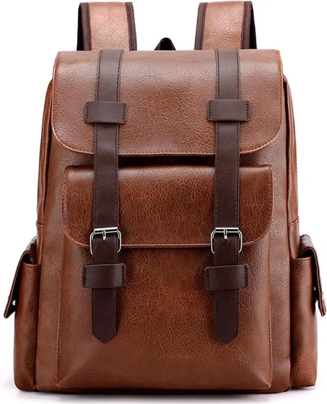 Main image of CYLYWJD Business Men and Women PU Leather Backpack 15.6inch Laptop Waterproof Backpack Travel Commuter Lightweight schoolbag (Khaki backpack10,Medium)