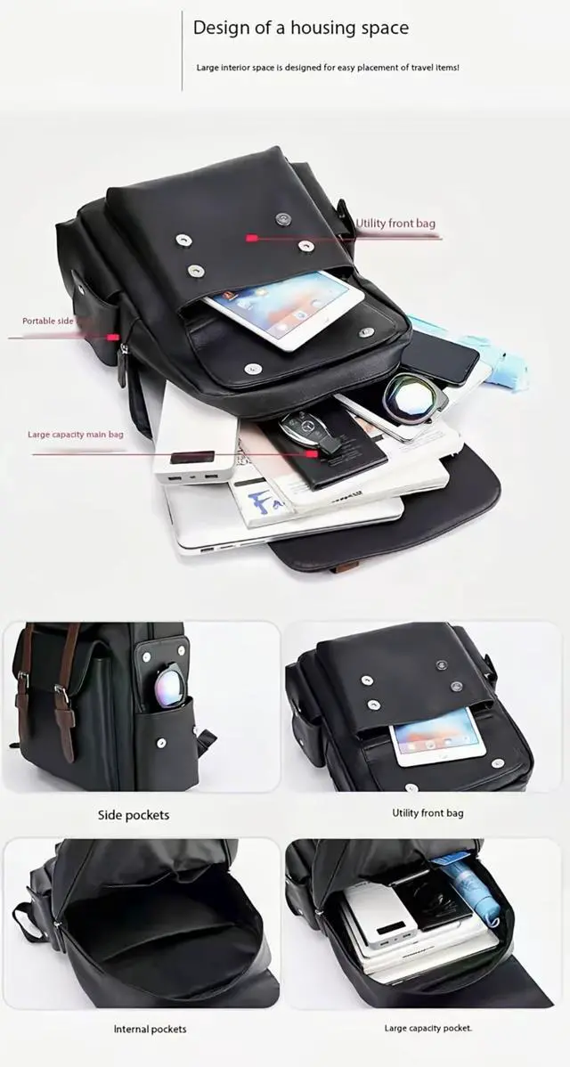 Alt view image 4 of 5 - CYLYWJD Business Men and Women PU Leather Backpack 15.6inch Laptop Waterproof Backpack Travel Commuter Lightweight schoolbag (Khaki backpack10,Medium)