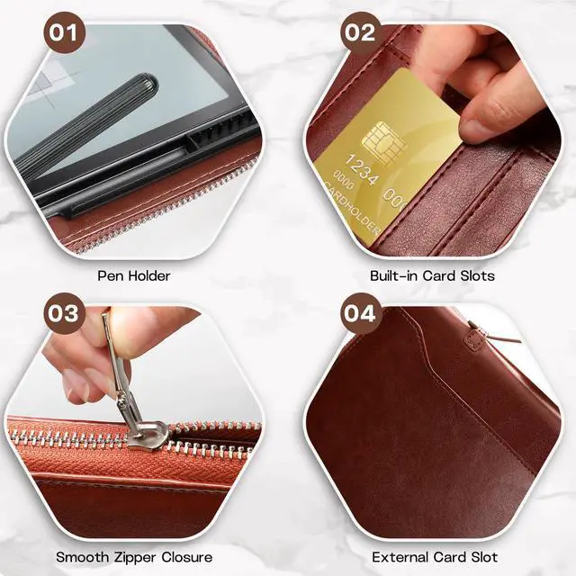 Alt view image 2 of 5 - E NET-CASE Case for 10.3" Boox Note Air4 C (2024)/Boox Note Air3 C (2023) - Business Handheld Design Upgraded PU Leather Cover with Zipper & Pen Holder (Brown)