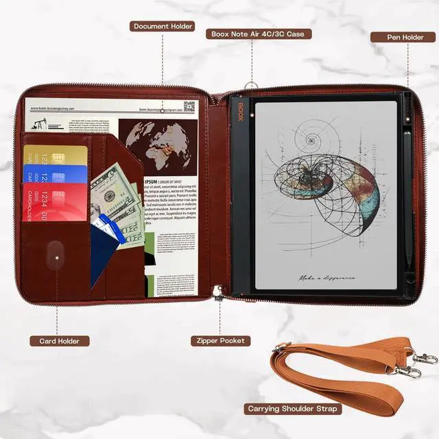 Alt view image 4 of 5 - E NET-CASE Case for 10.3" Boox Note Air4 C (2024)/Boox Note Air3 C (2023) - Business Handheld Design Upgraded PU Leather Cover with Zipper & Pen Holder (Brown)