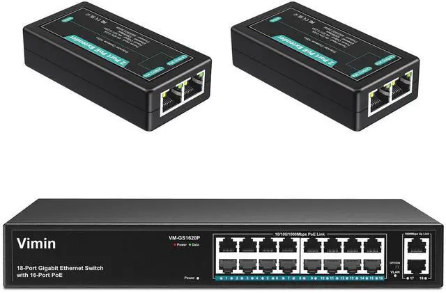 Main image of 16 Port Gigabit PoE Switch with 2X 2 Port Gigabit PoE Extender for Indoor Use, Support IEEE802.3af/at, Extend Additional 100m Transmission, Mini Size, Plug and Play