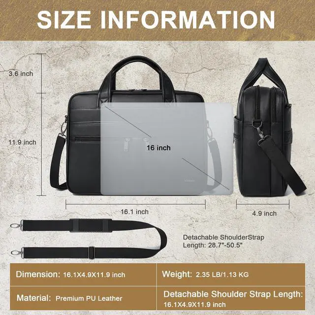 Alt view image 2 of 5 - Shrrie Leather Messenger Bag for Men&Women 16 inch Laptop Bag,Water-Resistant Retro Leather Briefcase for Men,Mens Satchel Bag Crossbody for Office,Business,Work