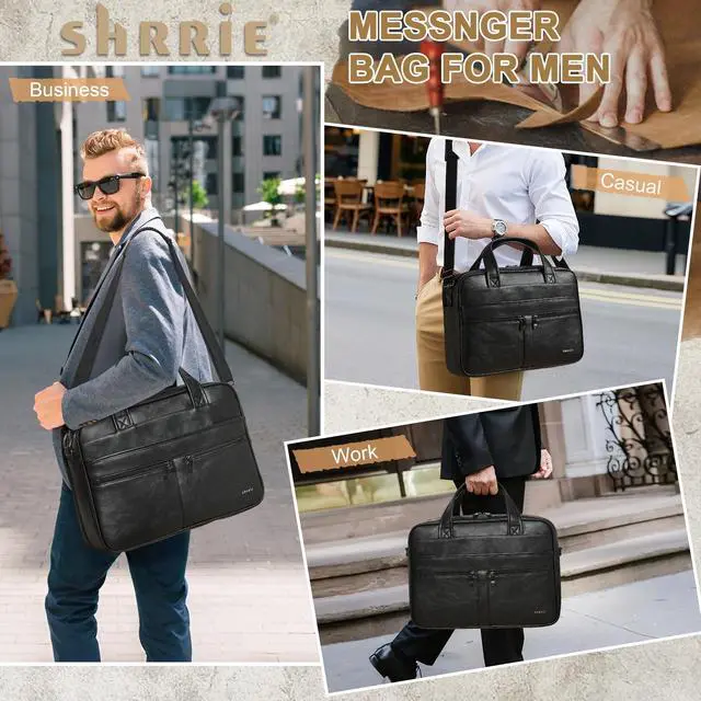 Alt view image 3 of 5 - Shrrie Leather Messenger Bag for Men&Women 16 inch Laptop Bag,Water-Resistant Retro Leather Briefcase for Men,Mens Satchel Bag Crossbody for Office,Business,Work