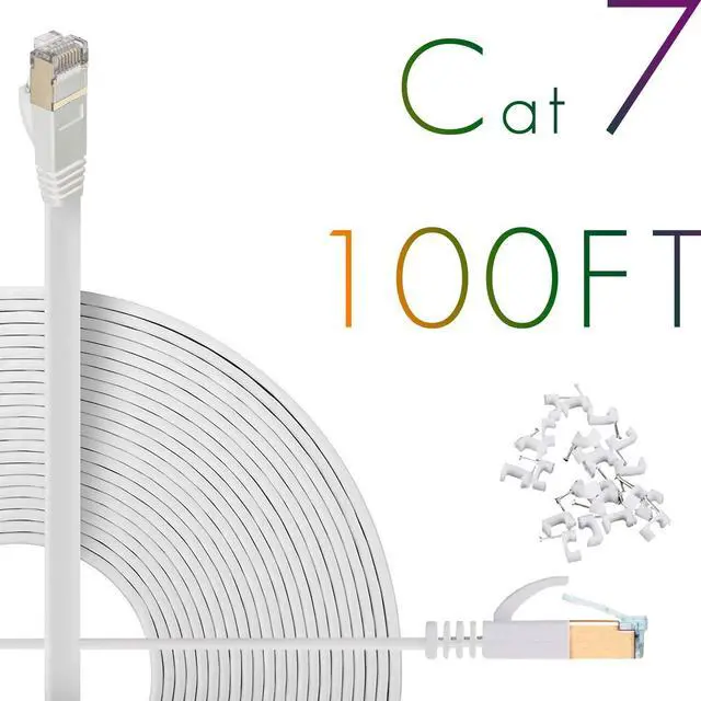 Main image of Cat7 Ethernet Cable 100ft Flat High Speed Shielded (STP) Solid Computer Network Cord with Snagless Rj45 Connectors Slim Durable Internet LAN Wire for Modem,Router.Faster Than Cat5e/Cat5/cat6(White)