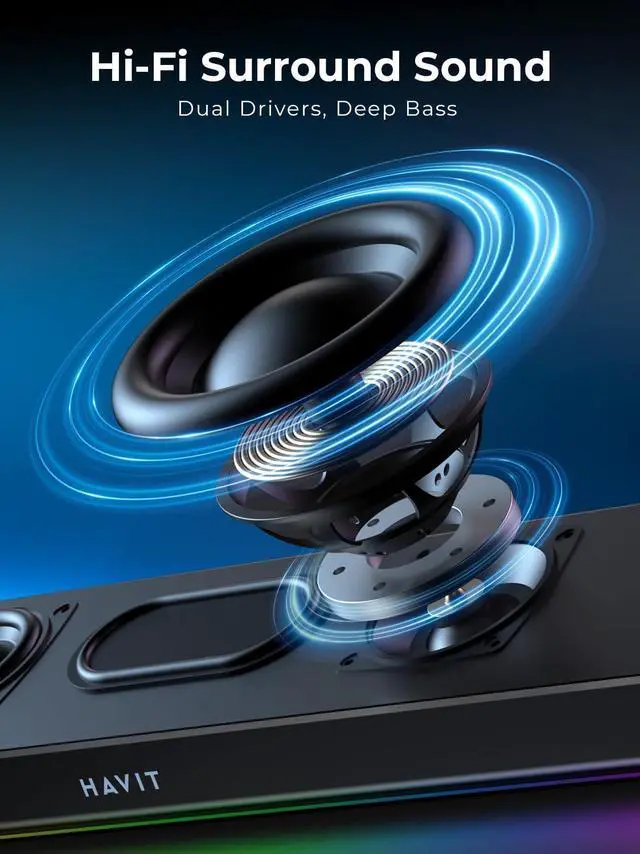 Alt view image 2 of 5 - havit Computer Speakers for Desktop PC, Bluetooth 5.3 Pc Soundbar with Dynamic LED Light, HiFi Stereo, Poratble Bluetooth Speaker, Gaming Speakers for PC, Laptop,Tablet