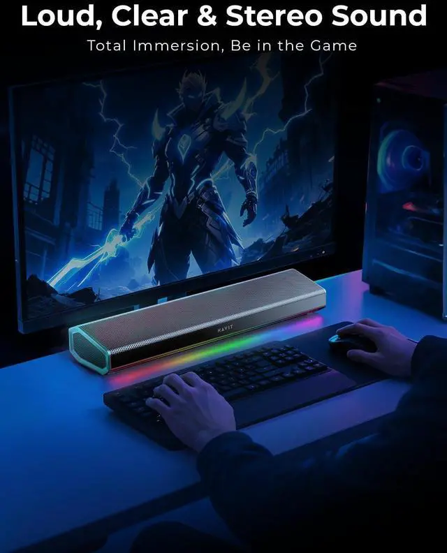 Alt view image 3 of 5 - havit Computer Speakers for Desktop PC, Bluetooth 5.3 Pc Soundbar with Dynamic LED Light, HiFi Stereo, Poratble Bluetooth Speaker, Gaming Speakers for PC, Laptop,Tablet