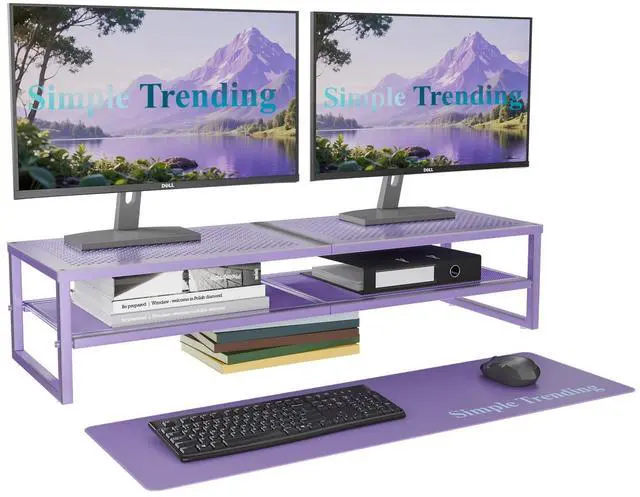 Main image of Simple Trending 2 Tier Metal Dual Monitor Stand Riser, Computer Office Desktop Organizer for 2 Monitors with 32"x10" Mouse Pad for Laptop, Printer, TV, Purple