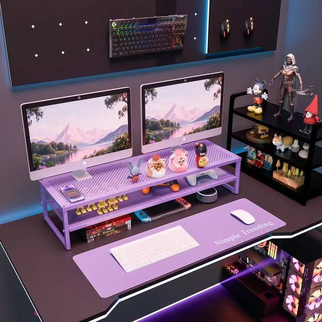 Alt view image 2 of 5 - Simple Trending 2 Tier Metal Dual Monitor Stand Riser, Computer Office Desktop Organizer for 2 Monitors with 32"x10" Mouse Pad for Laptop, Printer, TV, Purple