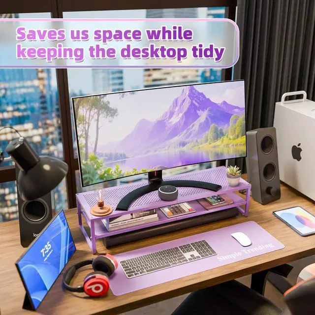 Alt view image 3 of 5 - Simple Trending 2 Tier Metal Dual Monitor Stand Riser, Computer Office Desktop Organizer for 2 Monitors with 32"x10" Mouse Pad for Laptop, Printer, TV, Purple