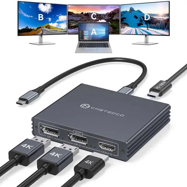 Main image of USB C to HDMI + 2 Displayport Adapter 3 Monitors 4K60Hz DP HDMI Splitter 1 in 3 Out for Extended Display with PD 100W Charging, Plug & Play, Compatible with Laptop,PC,USB-C Graphics Card