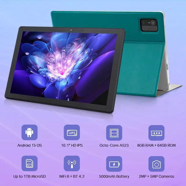 Alt view image 2 of 5 - Android 15 Tablets, 10.1 inch Android Tablet with 8GB RAM 64GB ROM, Expandable to 1TB, Octa-Core Processor, HD IPS Display, 5G WiFi 6, GMS Certified Computer Tablets for Adults with Case - Black