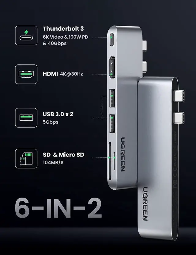 Alt view image 2 of 5 - UGREEN 6 in 2 4K HDMI USB C Hub Adapter Compatible with MacBook Pro Air M2 M1 2022 to 2016, Multiports USB 3.0 5Gbps, Thunderbolt 3 6K Video, 100W PD, 40Gbps Transmission, SD TF Card Reader