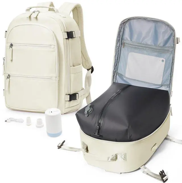 Main image of VGCUB Small Vacuum Backpack Travel with Electric Pump Vacpack System Storage Compression Waterproof College Bags Casual Daypack Carry on Backpacks for Women Men with USB Charging Port Beige