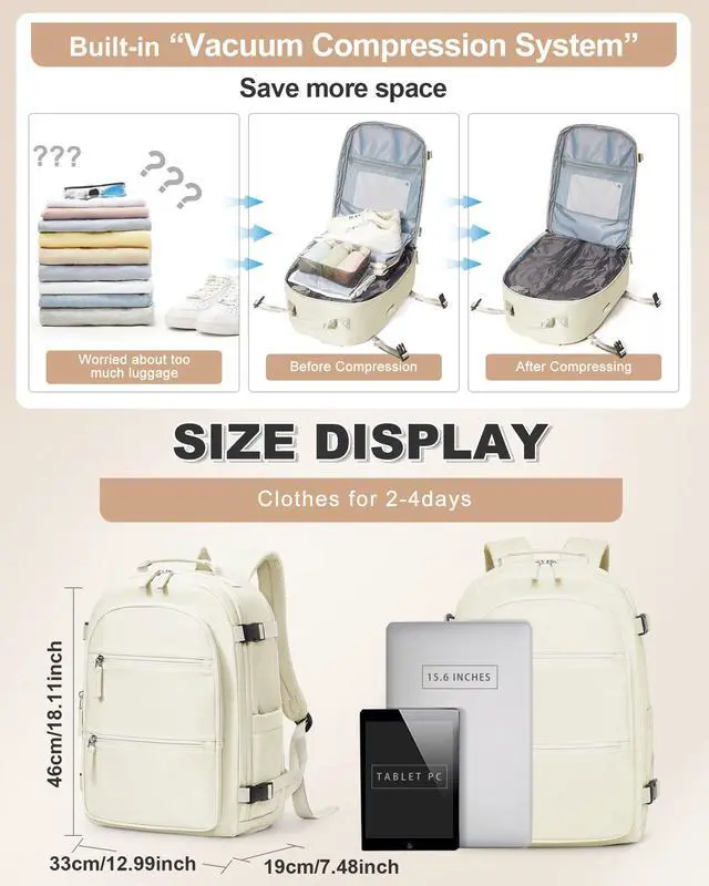 Alt view image 4 of 5 - VGCUB Small Vacuum Backpack Travel with Electric Pump Vacpack System Storage Compression Waterproof College Bags Casual Daypack Carry on Backpacks for Women Men with USB Charging Port Beige