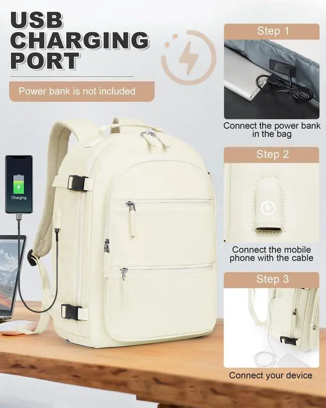 Alt view image 5 of 5 - VGCUB Small Vacuum Backpack Travel with Electric Pump Vacpack System Storage Compression Waterproof College Bags Casual Daypack Carry on Backpacks for Women Men with USB Charging Port Beige