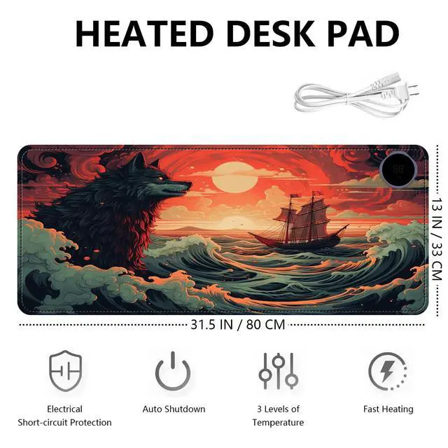 Alt view image 2 of 5 - Heated Mouse Pad with 3 Levels Heated & 3 Hours Auto Shut-Off Mouse Pad for Warming Hands in Office Home, 31.5" x 13" Large Safe Desk Mat Hand WarmerWave Sea Wolf