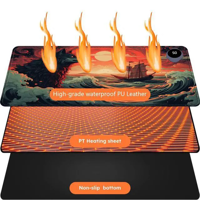 Alt view image 3 of 5 - Heated Mouse Pad with 3 Levels Heated & 3 Hours Auto Shut-Off Mouse Pad for Warming Hands in Office Home, 31.5" x 13" Large Safe Desk Mat Hand WarmerWave Sea Wolf