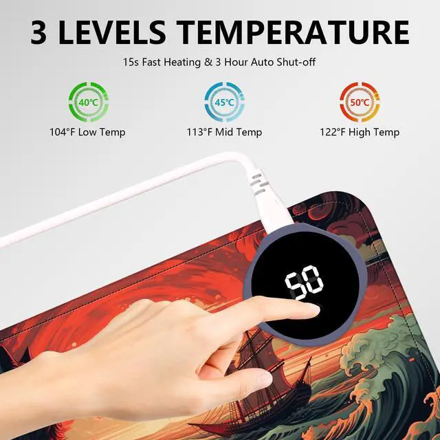 Alt view image 5 of 5 - Heated Mouse Pad with 3 Levels Heated & 3 Hours Auto Shut-Off Mouse Pad for Warming Hands in Office Home, 31.5" x 13" Large Safe Desk Mat Hand WarmerWave Sea Wolf