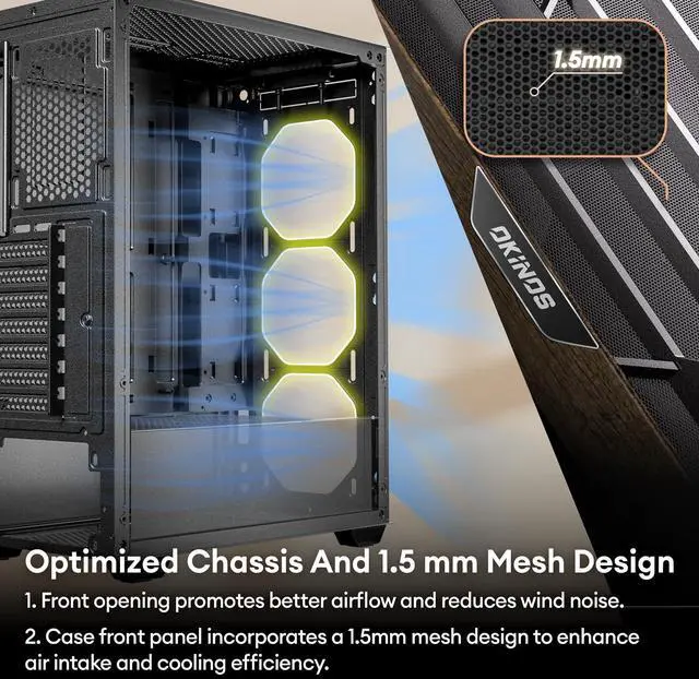 Alt view image 4 of 5 - Okinos Oak Wood ATX PC Case, 4 x 120mm 3 Pin Non-PWM Case Fans Pre-Installed, Type-C Port, Tempered Glass Side Panel, Black Mid-Tower Computer Case, Cypress 5 AIR