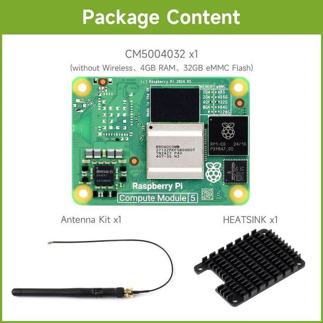 Alt view image 2 of 5 - Waveshare CM5 Pi Compute Module 5Comes with an Official Raspberry Pi CM5004032 (Without Wireless, 4GB RAM, 32GB eMMC Flash), an Antenna Kit and a HEATSINK (3 Items)
