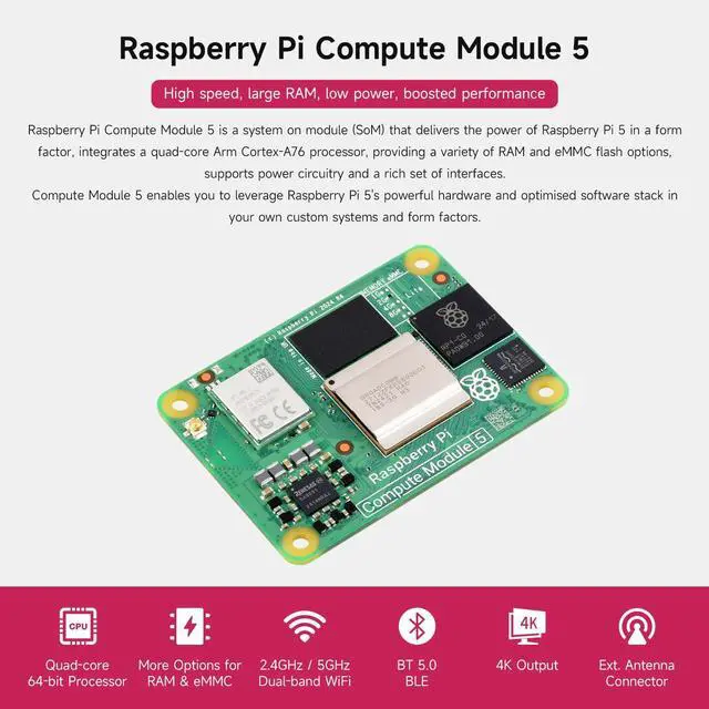 Alt view image 3 of 5 - Waveshare CM5 Pi Compute Module 5Comes with an Official Raspberry Pi CM5004032 (Without Wireless, 4GB RAM, 32GB eMMC Flash), an Antenna Kit and a HEATSINK (3 Items)
