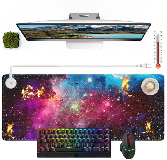 Main image of HAOCOO Heated Desk Pad Large, Warm Mouse Pad Gaming, Computer Desk Mat for Desktop, 3 Levels Heating, Auto Shut Down, Leather Laptop Keyboard Mat for Home Office, Purple Blue Galaxy