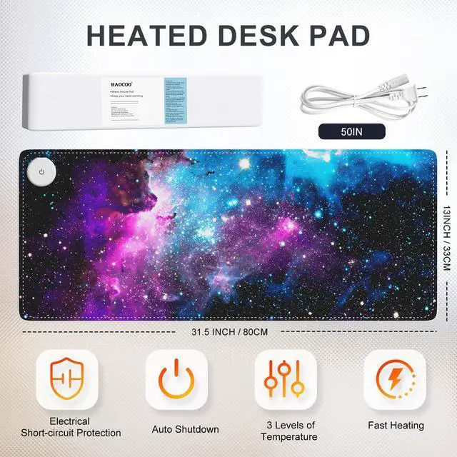 Alt view image 2 of 5 - HAOCOO Heated Desk Pad Large, Warm Mouse Pad Gaming, Computer Desk Mat for Desktop, 3 Levels Heating, Auto Shut Down, Leather Laptop Keyboard Mat for Home Office, Purple Blue Galaxy