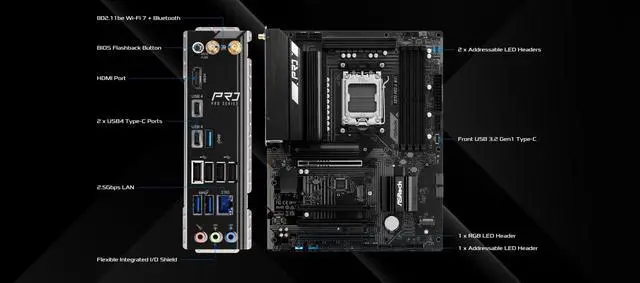 Alt view image 3 of 5 - ASRock X870 Pro-A WiFi ATX Motherboard - AMD AM5 Ryzen 9000/8000/7000, DDR5 8000+(OC), PCIe 5.0, Dual USB4 Type-C, Wi-Fi 7, 2.5GbE