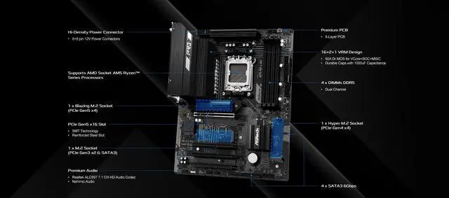 Alt view image 5 of 5 - ASRock X870 Pro-A WiFi ATX Motherboard - AMD AM5 Ryzen 9000/8000/7000, DDR5 8000+(OC), PCIe 5.0, Dual USB4 Type-C, Wi-Fi 7, 2.5GbE