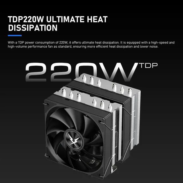 Alt view image 2 of 5 - RUIX GT620 CPU Air Cooler, 6 Heat Pipes, Dual Tower, Dual 120mm PWM Fans, 220W TDP, for AMD AM4 AM5/Intel LGA 1851/1700/1200/115X, Black - No Light
