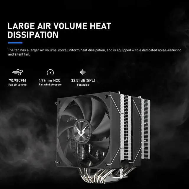 Alt view image 4 of 5 - RUIX GT620 CPU Air Cooler, 6 Heat Pipes, Dual Tower, Dual 120mm PWM Fans, 220W TDP, for AMD AM4 AM5/Intel LGA 1851/1700/1200/115X, Black - No Light