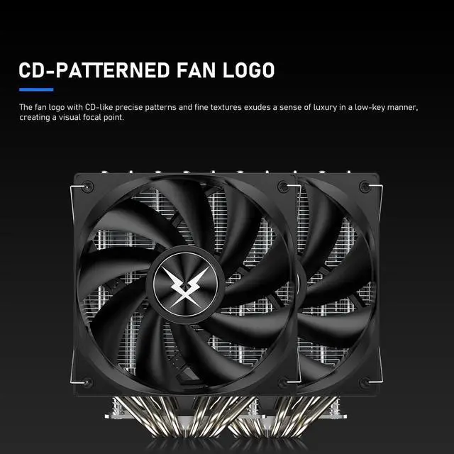 Alt view image 5 of 5 - RUIX GT620 CPU Air Cooler, 6 Heat Pipes, Dual Tower, Dual 120mm PWM Fans, 220W TDP, for AMD AM4 AM5/Intel LGA 1851/1700/1200/115X, Black - No Light